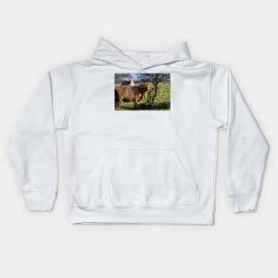 Highland Cattle and a gnarled tree Kids Hoodie